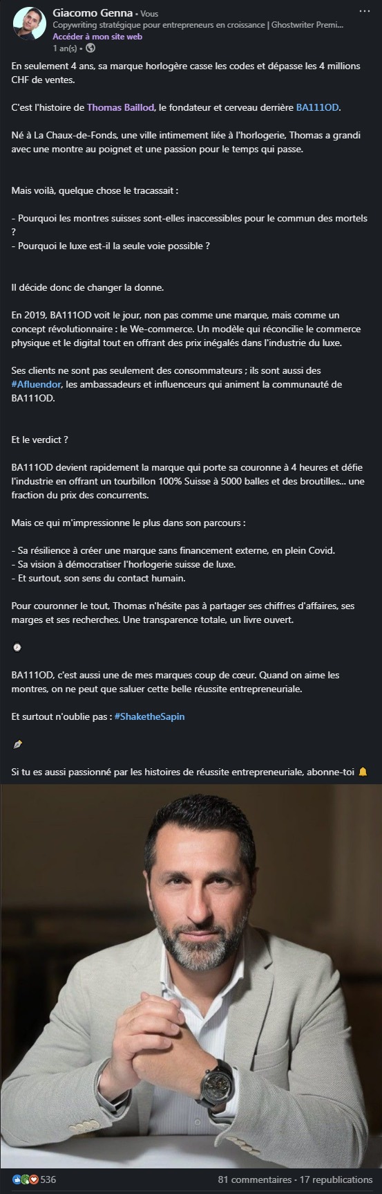 Mon post LinkedIn sur le parcours de Thomas Baillod et de la marque BA111OD