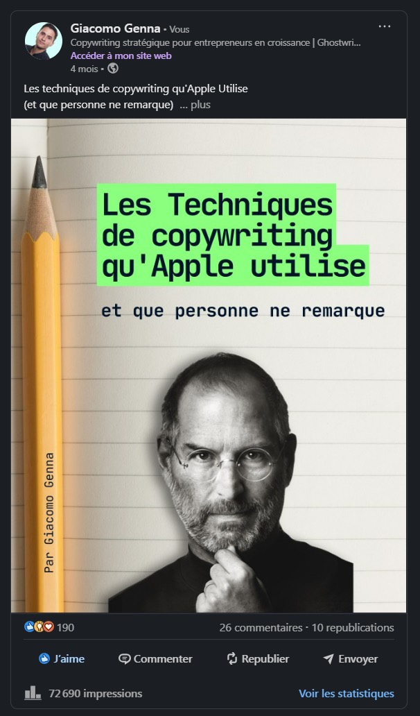 Mon post LinkedIn sur les techniques de copywriting d'Apple, visuel crayon et portrait de Steve Jobs