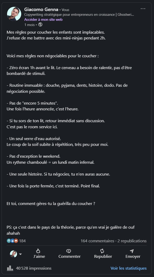 Mon post LinkedIn listant mes règles pour le coucher des enfants