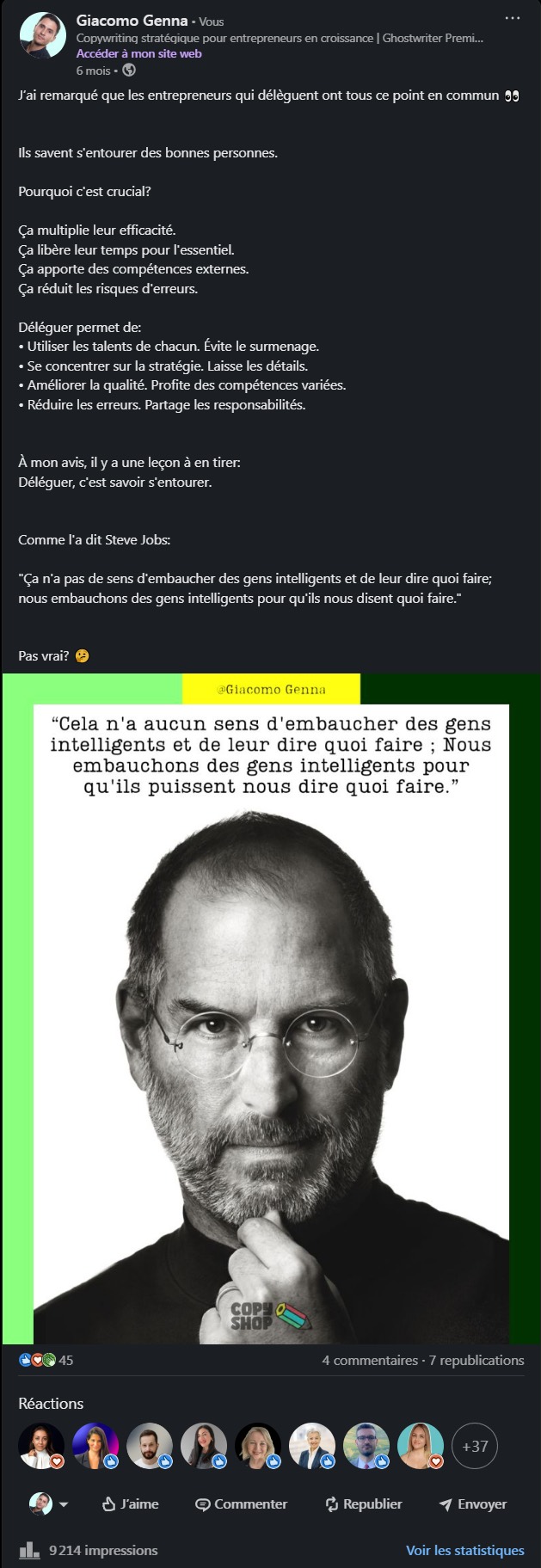 Mon post LinkedIn sur la délégation, avec une citation de Steve Jobs en visuel