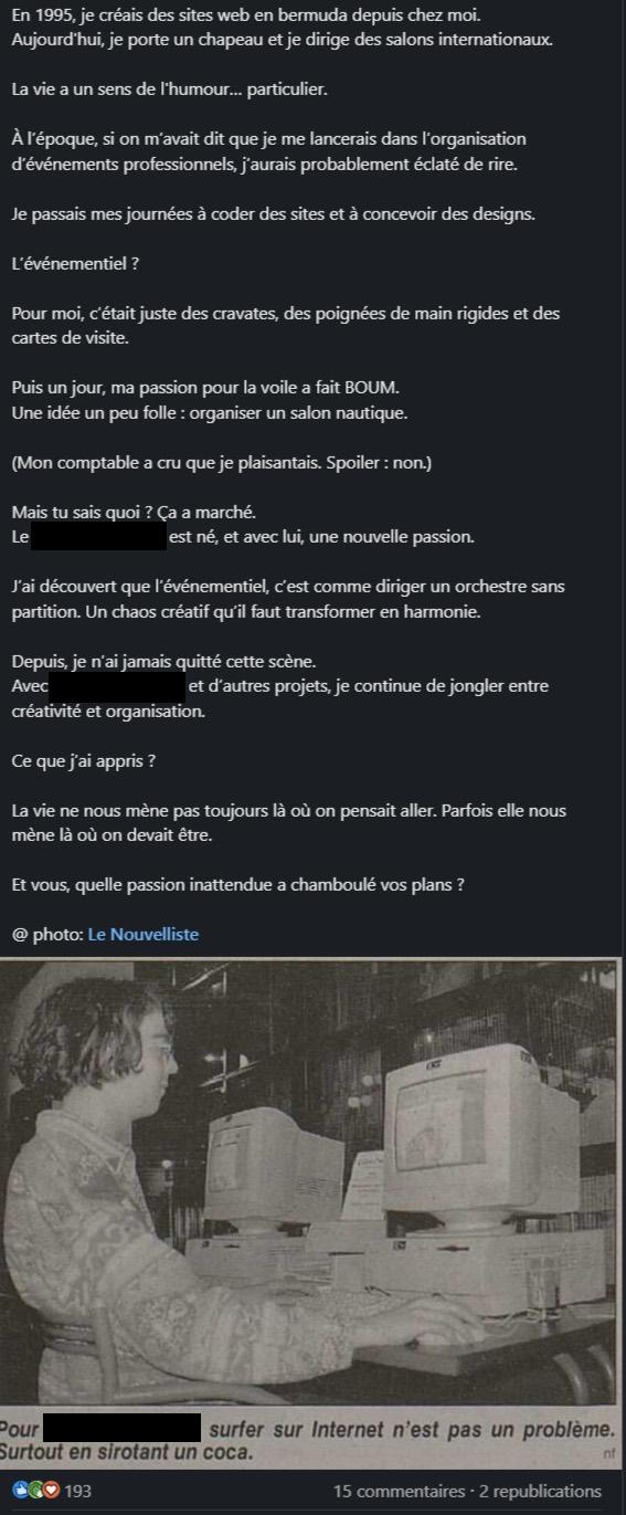 Post LinkedIn écrit pour un dirigeant : son parcours depuis 1995, avec une coupure de presse d'époque