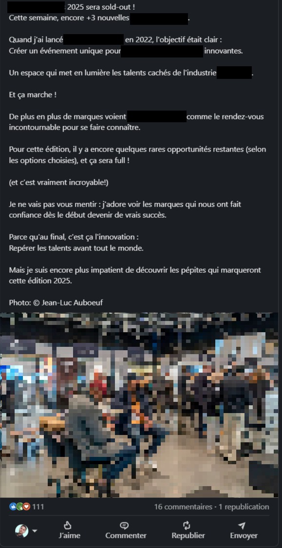 Post LinkedIn écrit pour un dirigeant : le remplissage de l'edition 2025 de son salon, nom masqué