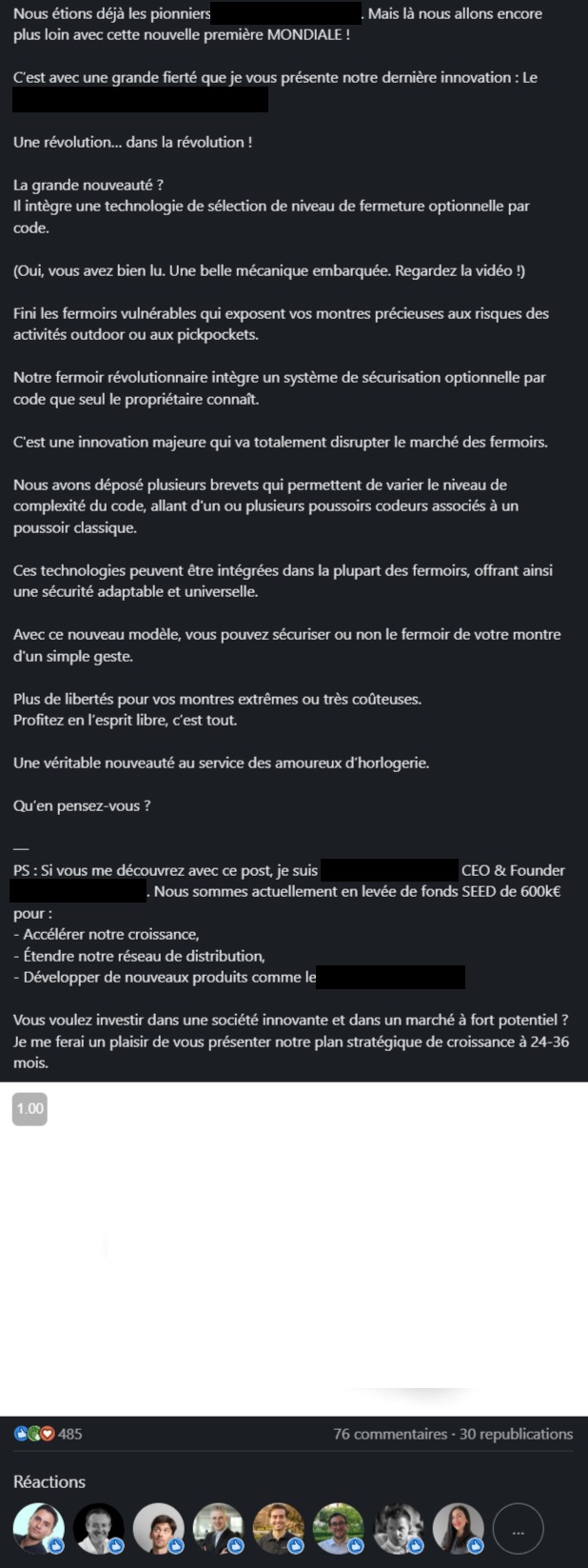 Post LinkedIn écrit pour un dirigeant : l'annonce d'un fermoir de montre à code, avec le nom de la marque masqué