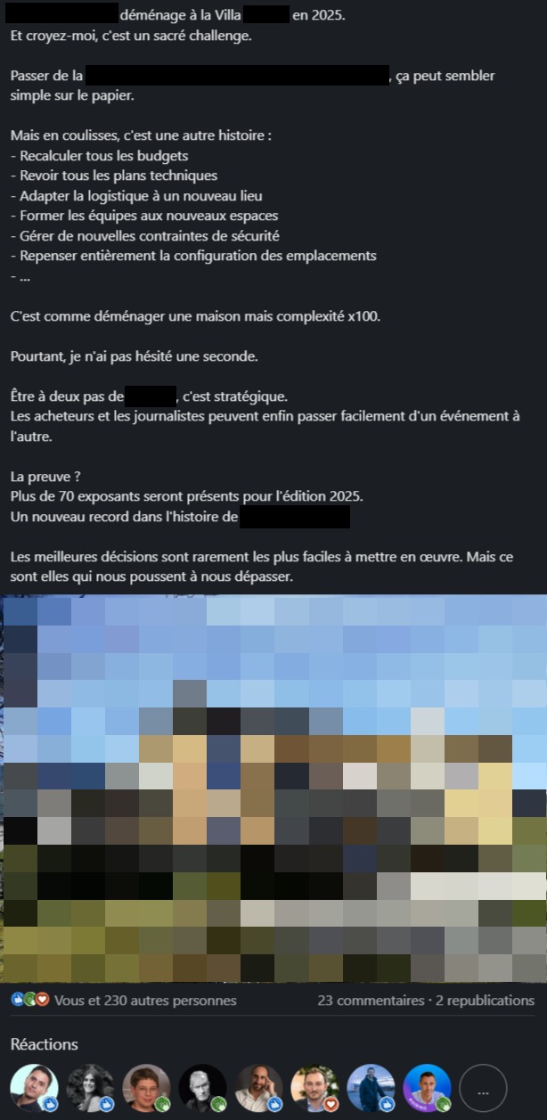 Post LinkedIn écrit pour un dirigeant : les coulisses du déménagement d'un salon professionnel, nom masqué