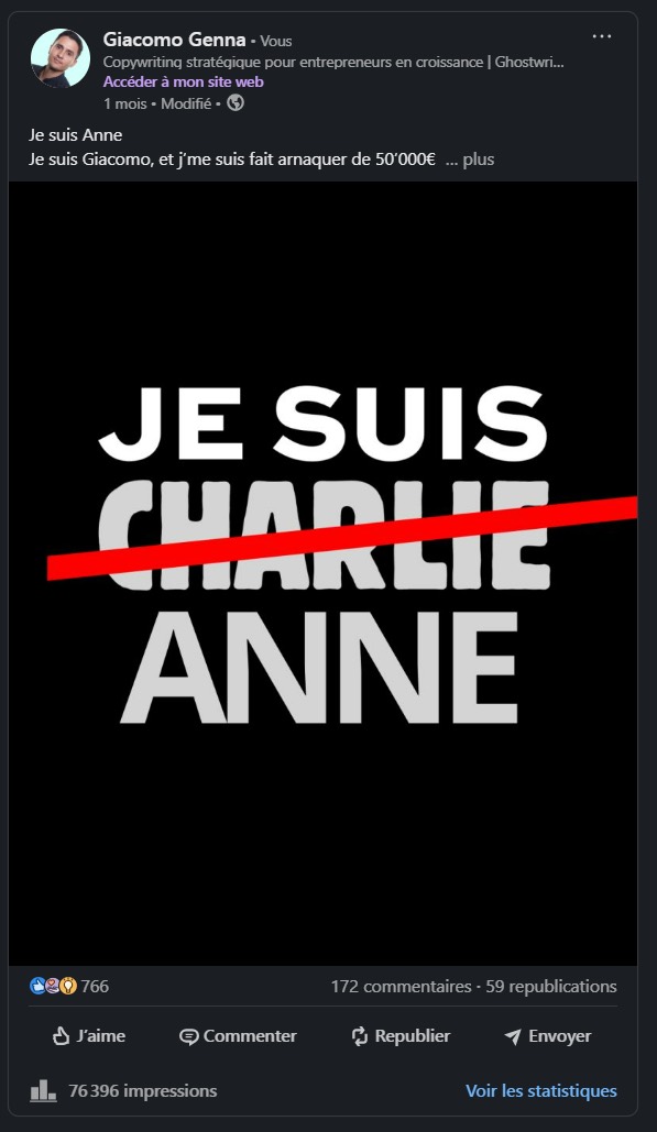 Mon post LinkedIn sur une arnaque à 50 000 euros, visuel Je suis Anne