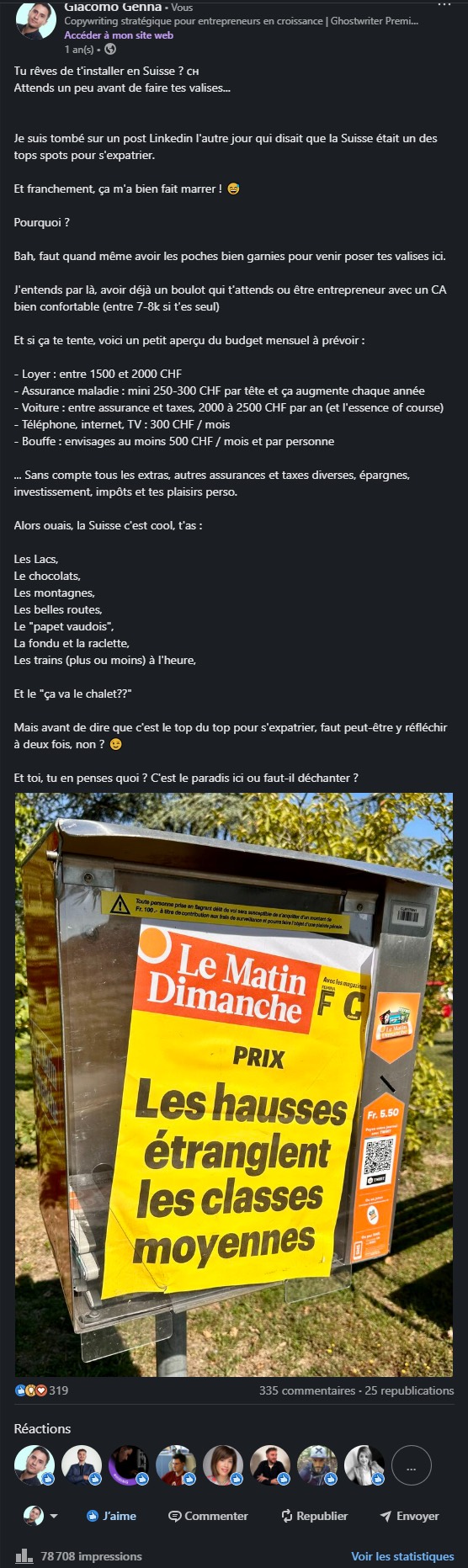 Mon post LinkedIn sur le budget réel d'une installation en Suisse, avec une une du Matin Dimanche