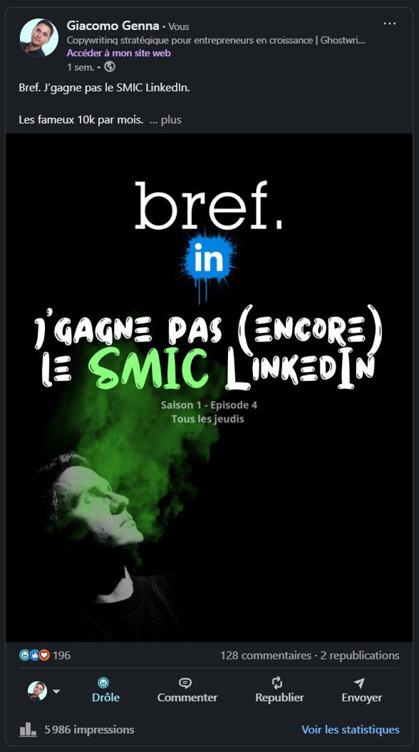 Mon post LinkedIn de la série Bref, sur les 10 000 euros par mois annoncés sur LinkedIn