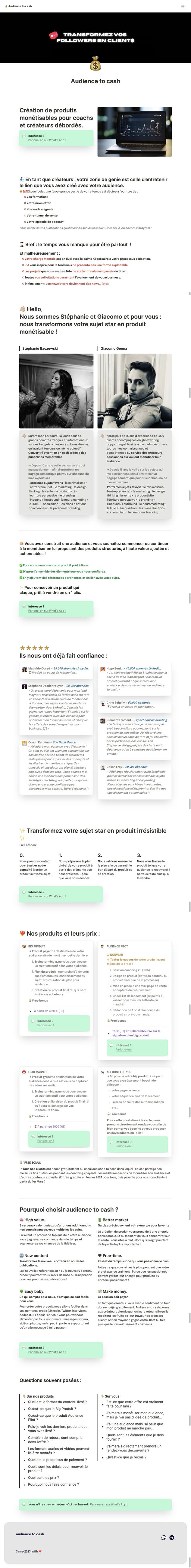 Page de vente Audience to cash